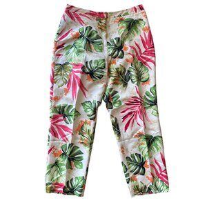 Talbots Petites Pants 14 Floral Hawaiian Print White Cropped  Pure Silk